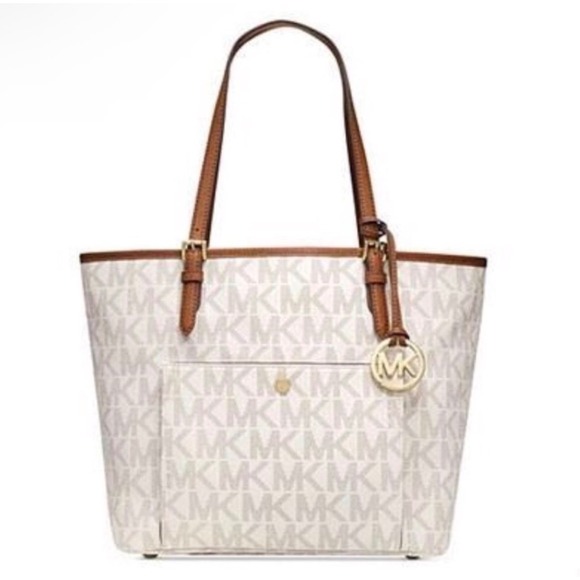 Michael Kors Handbags - Michael Kors Vanilla MK Signature Logo Jet Set Tote Bag Brown Leather Straps NWT
